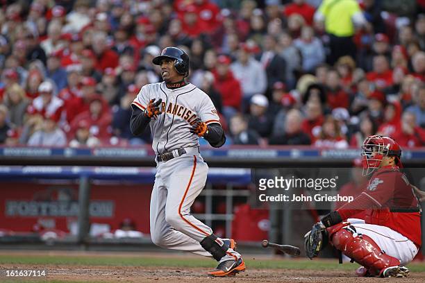 Joaquin Arias of the San Francisco Giants bats during Game 4 of the National League Division Series against the Cincinnati Reds on Wednesday, October...
