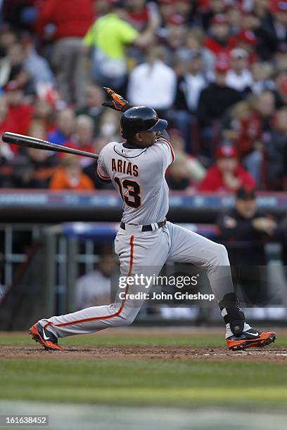 Joaquin Arias of the San Francisco Giants bats during Game 4 of the National League Division Series against the Cincinnati Reds on Wednesday, October...