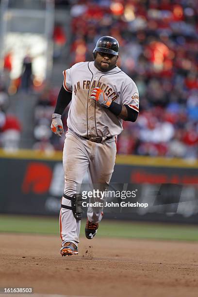 Pablo Sandoval of the San Francisco Giants rounds the bases after hitting a two run home run in the top of the seventh inning during Game 4 of the...