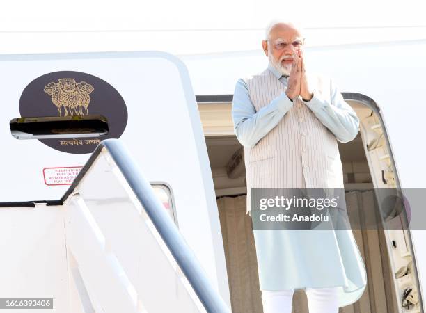 Indian Prime Minister Narendra Modi arrives at Air Force Base Waterkloof ahead of the 15th BRICS summit on August 22 in Pretoria, South Africa.