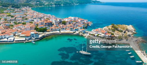 aerial panorama of kokkari village on samos island, greece - north aegean greece stock pictures, royalty-free photos & images