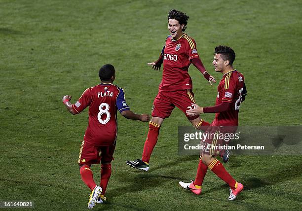 Joao Plata of the Real Salt Lake celebrates with John Stertzer and David Viana after Plata scored a first half goal against the New York Red Bulls...