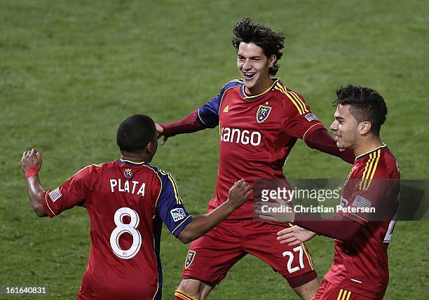 Joao Plata of the Real Salt Lake celebrates with John Stertzer and David Viana after Plata scored a first half goal against the New York Red Bulls...