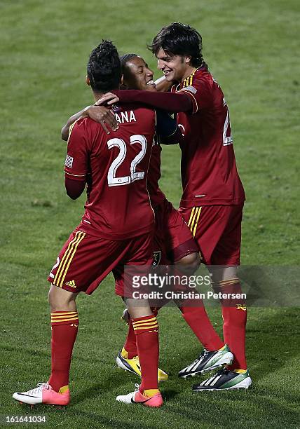 Joao Plata of the Real Salt Lake celebrates with John Stertzer and David Viana after Plata scored a first half goal against the New York Red Bulls...