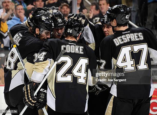 James Neal of the Pittsburgh Penguins is congratulated by teammates after his second goal of the game during the third period against the Ottawa...