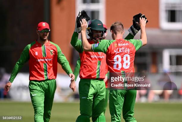 Tom Scriven of Leicestershire celebrates the wicket of Beau Webster of Essex during the Leicestershire Foxes v Essex - Metro Bank One Day Cup at...