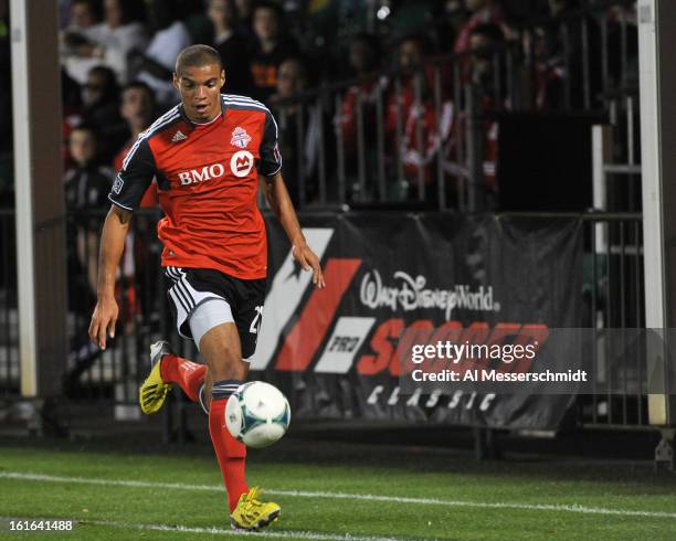 Forward Taylor Morgan of Toronto FC runs up the sidelines against Orlando City February 13, 2013 in the second round of the Disney Pro Soccer Classic...