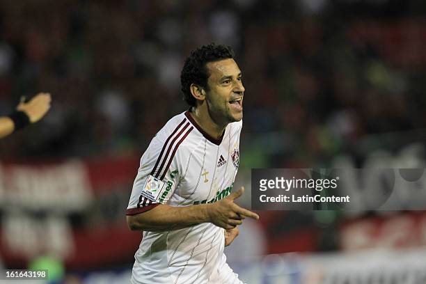 Fred of Fluminense celebrates a goal during a match between Caracas FC and Fluminense as part of the 2013 Copa Bridgestone Libertadores at the...