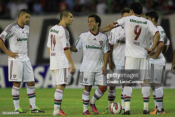 Players of Fluminense during a match between Caracas FC and Fluminense as part of the 2013 Copa Bridgestone Libertadores at the Olympic Stadium on...