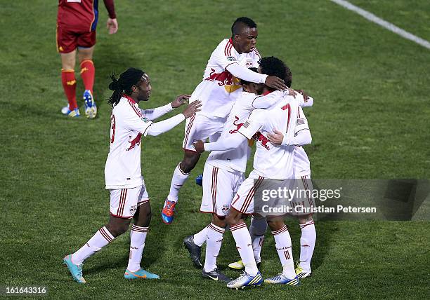 The New York Red Bulls celebrate around Michael Bustamante after Bustamante scored a second half goal against Real Salt Lake during FC Tucson Desert...