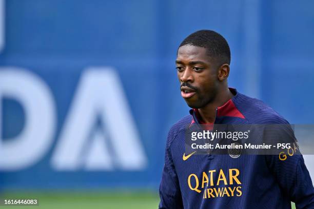 Ousmane Dembele looks on during a Paris Saint-Germain training session at Campus PSG on August 15, 2023 in Paris, France.
