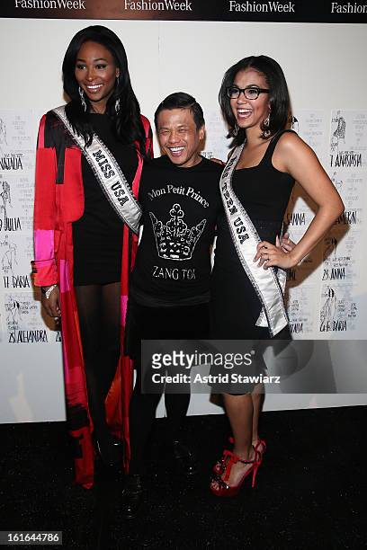 Miss USA Nana Meriwether, designer Zang Toi and Miss Teen USA Logan West backstage at the Zang Toi Fall 2013 fashion show during Mercedes-Benz...