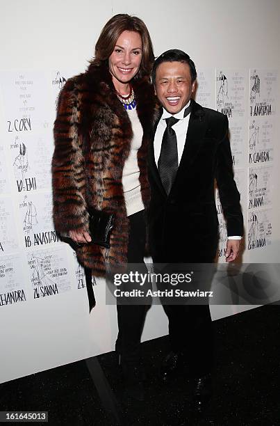 LuAnn De Lesseps and designer Zang Toi backstage at the Zang Toi Fall 2013 fashion show during Mercedes-Benz Fashion Week at The Stage at Lincoln...