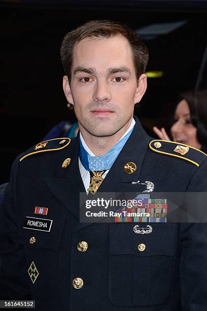 Medal of Honor recipient Staff Sgt. Clinton Romesha enters the "Late Show With David Letterman" taping at the Ed Sullivan Theater on February 13,...
