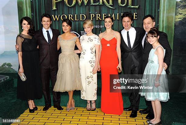 Actors Abigail Spencer, James Franco, Mila Kunis, Michelle Williams, Rachel Weisz, Zach Braff, Director Sam Raimi and actress Joey King attend the...