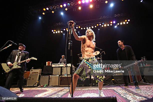 Musicians Rick Nielsen, Taylor Hawkins and Krist Novoselic of the Sound City Players performs at Hammerstein Ballroom on February 13, 2013 in New...