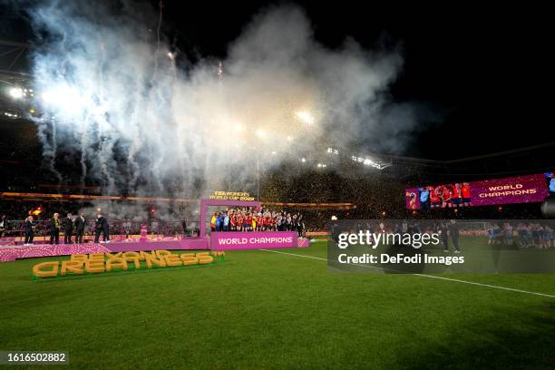 Spain players celebrate with the trophy after the Final during the FIFA Women's World Cup Australia & New Zealand 2023 Final match between Spain and...