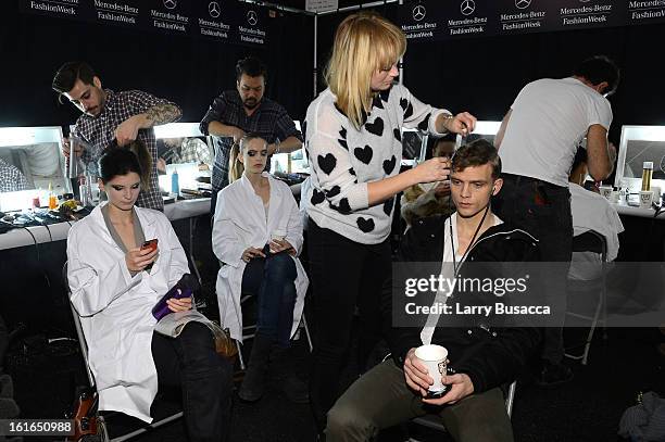 General view of atmosphere backstage at the Michael Kors Fall 2013 fashion show during Mercedes-Benz Fashion Week at The Theatre at Lincoln Center on...