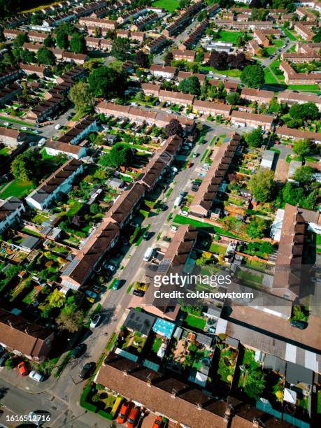 aerial view of streets of row houses in southeast england, uk - crawley - west sussex stock pictures, royalty-free photos & images
