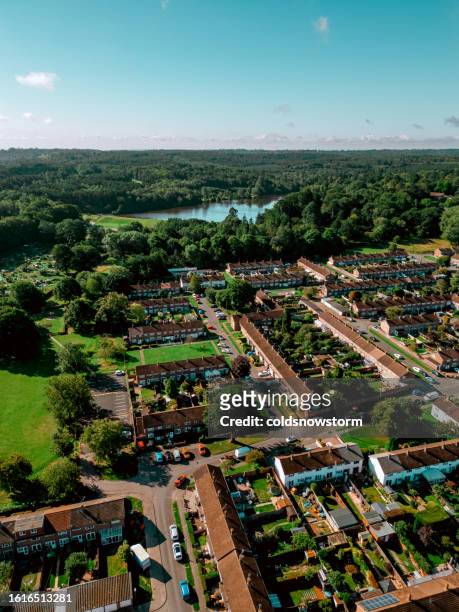 aerial view of streets of row houses in southeast england, uk - crawley - west sussex stock pictures, royalty-free photos & images