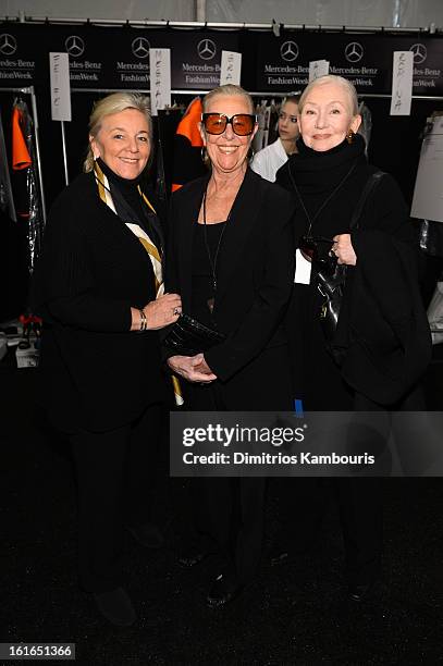 Joan Kors poses with Janey Marks and Betty Smith backstage at the Michael Kors Fall 2013 fashion show during Mercedes-Benz Fashion Week at The...