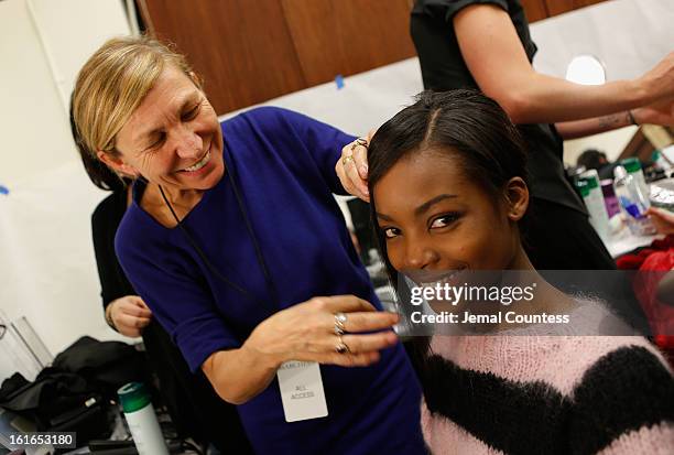 Model prepares backstage at the Marchesa Fall 2013 fashion show during Mercedes-Benz Fashion Week at The New York Public Library on February 13, 2013...