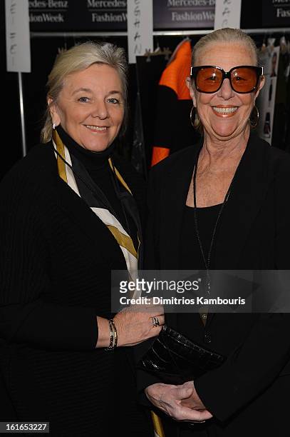 Joan Kors poses with Janey Marks backstage at the Michael Kors Fall 2013 fashion show during Mercedes-Benz Fashion Week at The Theatre at Lincoln...