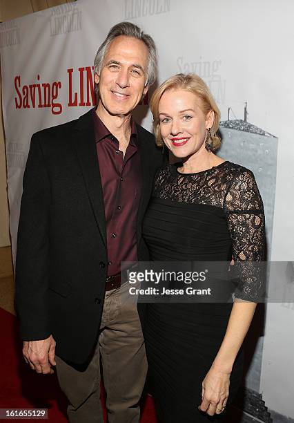 Actors Tom Amandes and Penelope Ann Miller attend the Pictures From The Fringe World Premiere of "Saving Lincoln" at The Alex Theatre on February 13,...