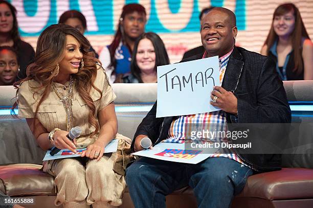 Tamar Braxton and husband Vincent Herbert visit BET's '106 & Park' at BET Studios on February 13, 2013 in New York City.