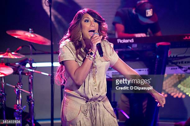 Tamar Braxton performs on BET's '106 & Park' at BET Studios on February 13, 2013 in New York City.
