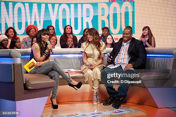 Paigion, Tamar Braxton, and Vincent Herbert visit BET's '106 & Park' at BET Studios on February 13, 2013 in New York City.