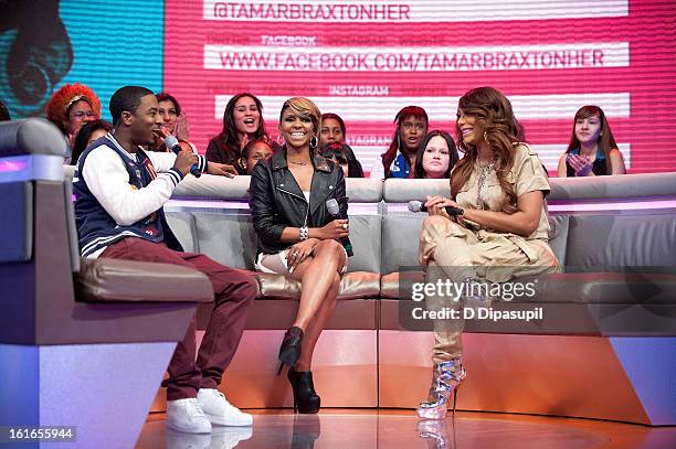 Shorty Da Prince, Miss Mykie, and Tamar Braxton visit BET's '106 & Park' at BET Studios on February 13, 2013 in New York City.