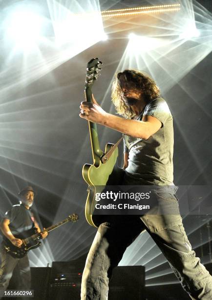 Kim Thayil and Chris Cornell of Soundgarden perform at The Fox Theatre on February 13, 2013 in Oakland, California.