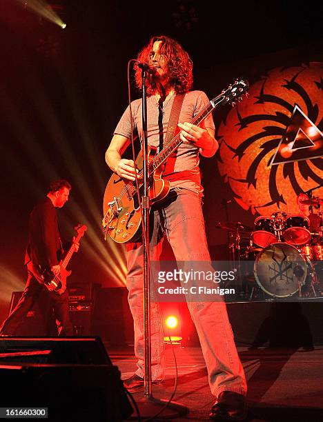 Ben Shepherd, Chris Cornell and Matt Cameron of Soundgarden perform at The Fox Theatre on February 12, 2013 in Oakland, California.