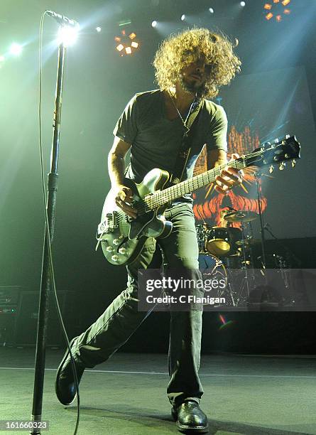 Musicians Chris Cornell and Matt Cameron of Soundgarden perform at The Fox Theatre on February 12, 2013 in Oakland, California.