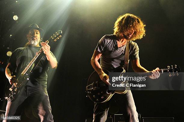 Kim Thayil and Chris Cornell of Soundgarden perform at The Fox Theatre on February 13, 2013 in Oakland, California.