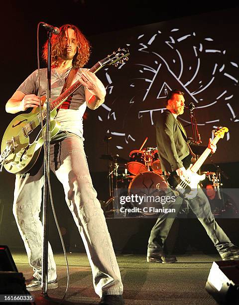 Chris Cornell and Ben Shepherd of Soundgarden perform in support the bands' King Animal release at The Fox Theatre on February 12, 2013 in Oakland,...