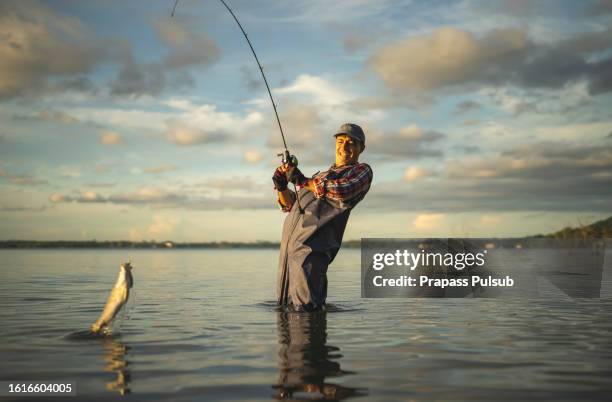 young man fishing on a lake at sunset and enjoying hobby - catching stock pictures, royalty-free photos & images
