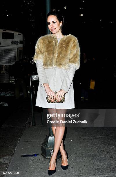 Louise Roe seen outside the Marchesa show wearing a Tibi coat on February 13, 2013 in New York City.