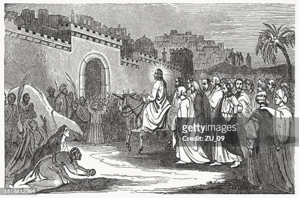 illustrations, cliparts, dessins animés et icônes de l’entrée de jésus à jérusalem (jean 12), gravure sur bois, publiée en 1837 - holy week