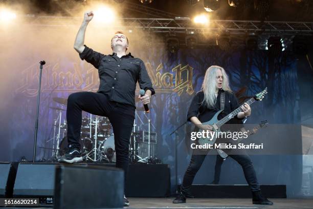 Hansi Kursch and Marcus Siepen of Blind Guardian perform live at the Hellsinki Metal Festival 2023 at Nordis on August 11, 2023 in Helsinki, Finland.