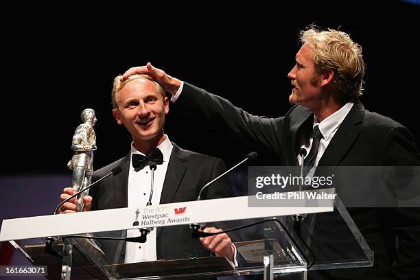 Eric Murray and Hamish Bond accept the overall Halberg Award during the 2013 Halberg Awards at Vector Arena on February 14, 2013 in Auckland, New...