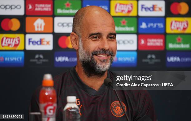 Pep Guardiola, Manager of Manchester City, talks to the media during a press conference ahead of the UEFA Super Cup 2023 match between Manchester...