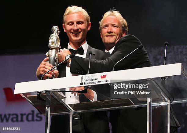 Eric Murray and Hamish Bond accept the overall Halberg Award during the 2013 Halberg Awards at Vector Arena on February 14, 2013 in Auckland, New...