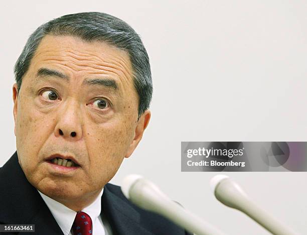 Senji Miyake, president of Kirin Holdings Co., reacts during a news conference at the Tokyo Stock Exchange in Tokyo, Japan, on Thursday, Feb. 14,...