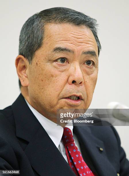 Senji Miyake, president of Kirin Holdings Co., speaks during a news conference at the Tokyo Stock Exchange in Tokyo, Japan, on Thursday, Feb. 14,...