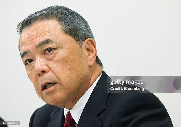 Senji Miyake, president of Kirin Holdings Co., speaks during a news conference at the Tokyo Stock Exchange in Tokyo, Japan, on Thursday, Feb. 14,...