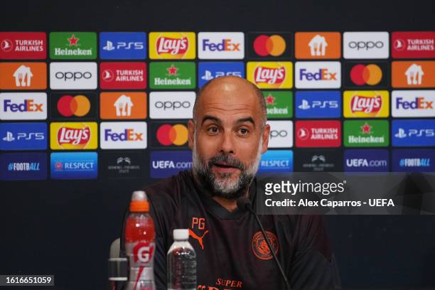 Pep Guardiola, Manager of Manchester City, talks to the media during a press conference ahead of the UEFA Super Cup 2023 match between Manchester...