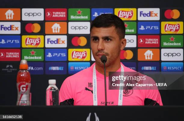 Rodri of Manchester City talks to the media during a press conference ahead of the UEFA Super Cup 2023 match between Manchester City FC and Sevilla...