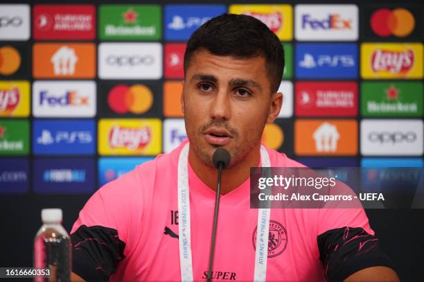 Rodri of Manchester City talks to the media during a press conference ahead of the UEFA Super Cup 2023 match between Manchester City FC and Sevilla...